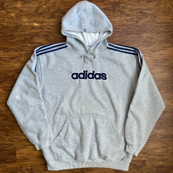 Vintage Y2K Adidas Hoodie Sweatshirt Mens XL Embroidered Logo Spellout 3 Stripes - Picture 1 of 6